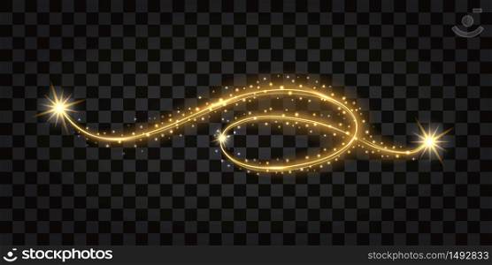 Gold flourish with glowing light effect, golden wave, stars and shiny sparkles. Design element isolated. Vector illustration
