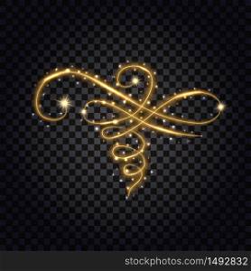 Gold flourish with light glowing effect. Design element isolated for decoration, golden glitter, neon shine, stars and luminous dust sparkles. Vector illustration