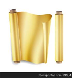 Gold Foil Roll Vector. Close Up Top View. Opened And Closed. Christmas Gift Wrapping. Realistic Illustration Isolated On White. Gold Foil Roll Vector. Close Up Top View. Opened And Closed. Christmas Gift Wrapping. Realistic Illustration Isolated