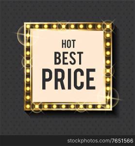 Gold frame and discount sign, best price banner vector. Price reduction and off, framework and lettering template, shopping special offer announcement. Best Price Banner, Gold Frame and Discount Sign