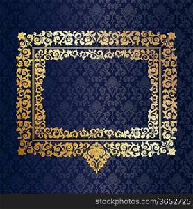 Gold frame on the wall with blue wallpaper