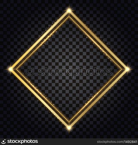 Gold frame with glowing glitter effect. Isolated design element on transparent background with light shine, golden border for photo or poster. Vector illustration