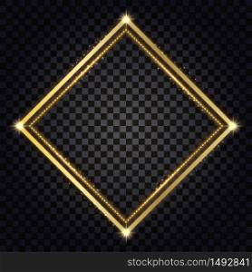 Gold frame with glowing glitter effect. Isolated design element on transparent background with light shine, golden border for photo or poster. Vector illustration