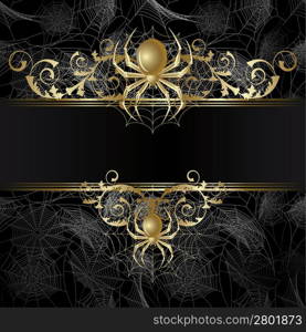 Gold-framed with gold spider and web on the black background