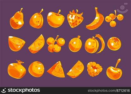Gold fruit and berries icons for game interface, gambling slot machine in casino. Cherry, blueberry, plum, pear, orange, apple, banana, peach, watermelon. Vector cartoon set of golden food symbols. Gold fruit and berries icons for game interface