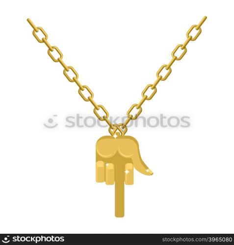 Gold fuck necklace on chain. Expensive jewelry hand with finger. Accessory precious yellow metal for bullies. Fashionable Luxury treasure&#xA;