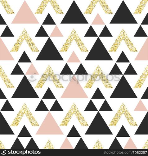 Gold geometric triangle background. Abstract seamless pattern with triangles in gold and dark gray.