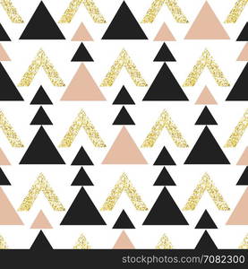 Gold geometric triangle background. Abstract seamless pattern with triangles in gold and dark gray.