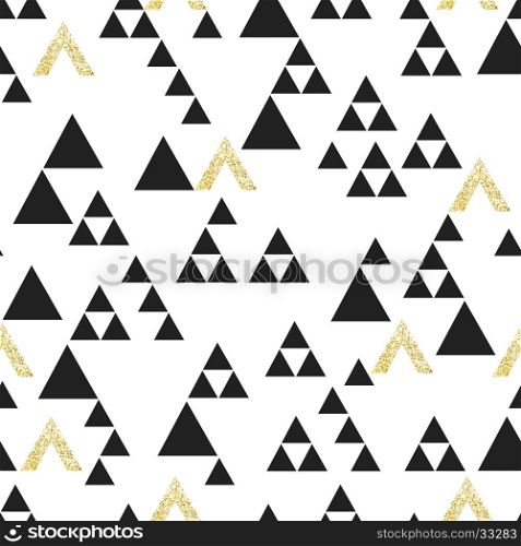 Gold geometric triangle seamless pattern. On white background. Vector template for holiday designs