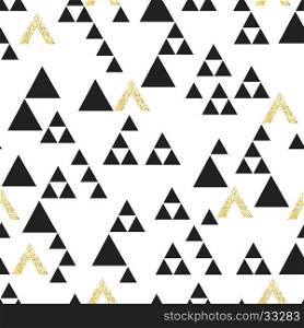 Gold geometric triangle seamless pattern. On white background. Vector template for holiday designs