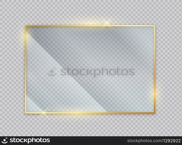 Gold glass transparent banners. Golden frame with glare reflection effect. Vector image square acrylic isolated screen front view with crystal display. Gold glass transparent banners. Golden frame with glare reflection effect. Vector square acrylic isolated screen