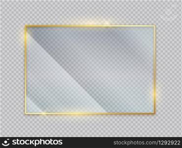 Gold glass transparent banners. Golden frame with glare reflection effect. Vector image square acrylic isolated screen front view with crystal display. Gold glass transparent banners. Golden frame with glare reflection effect. Vector square acrylic isolated screen