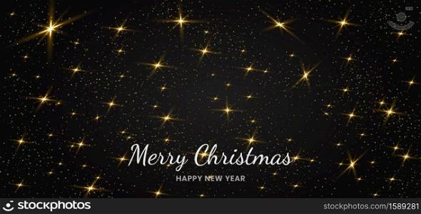 Gold glitter and light effect of particles on black background star dust sparkling particles. Christmas banner design. Vector illustration