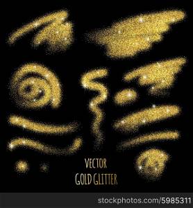 Gold glitter background. . Set of vector Gold sparkles on black background. Gold glitter background.