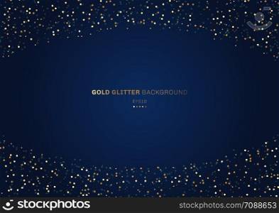 Gold glitter circles festive on dark blue background with space for your text. Vector illustration