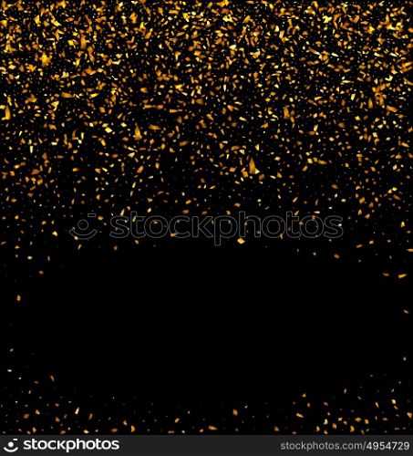 Gold glitter confetti texture on a black background. Gold glitter falling confetti on a black background. Golden grainy abstract texture on a black background. Design element - Vector