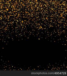 Gold glitter confetti texture on a black background. Gold glitter falling confetti on a black background. Golden grainy abstract texture on a black background. Design element - Vector