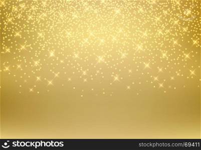 Gold glitter dust texture shining on golden background. Gold particles. Luxury design. Vector illustration. copy space