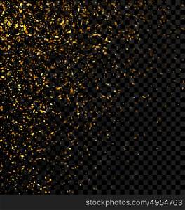 Gold glitter falling confetti on a dark checkered background. Gold glitter falling confetti on a dark checkered background. Golden grainy abstract texture - Vector