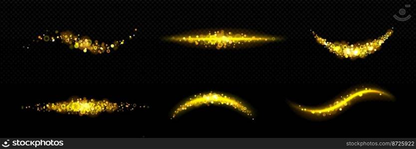 Gold glitter, flare, shine bokeh light effect, golden waves on black background. Magic swirl, twinkle with glowing stars and flying spark. Wand trace, spell, wizard or fairy shiny lightning Vector set. Gold glitter, flare, shine bokeh light effect set