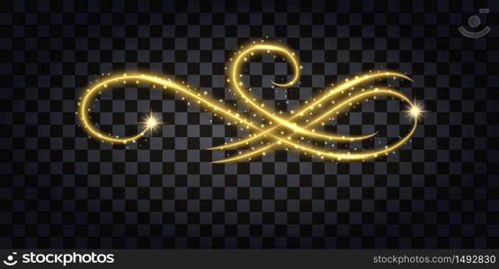 Gold glitter flourish. Design element isolated sith golden glow effect, sparkles and neon shine. Vector illustration