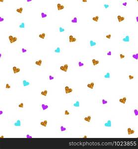 Gold glittering heart confetti seamless pattern on striped background. Gold and color glittering heart confetti seamless pattern