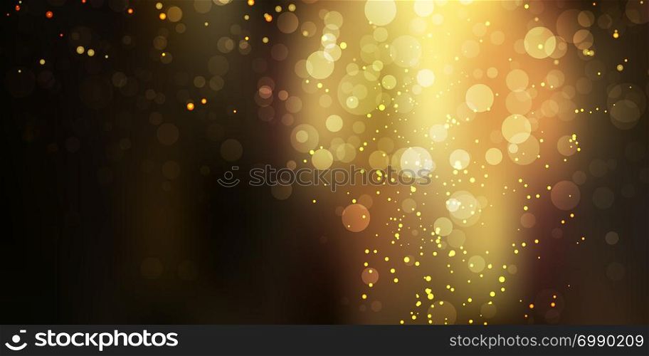 Gold glittering sparkle stardust on black background with bokeh lights. Festive golden background for card, flyer, invitation, placard, voucher. banner web, brochure. Vector illustration