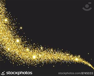 Gold glittering stars dust trail sparkling particles on black background. Glitter pattern for banner. Vector illustration.