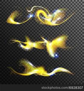 Gold Glittering Stars Dust Vector. Golden Magic Wave. Isolated On Transparent Background Illustration. Sparkle Stardust Vector. Glowing Wave Shimmer. Bright Yellow Trail. Glittering Sequins In The Air. Isolated On Transparent Background Illustration