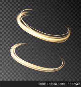 Gold glowing  circle  lights effects isolated on black transparent background. Abstract shining  golden  ring. Vector neon swirl  trail effect.
