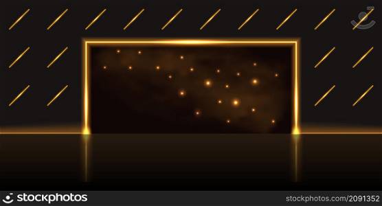 Gold glowing gate, portal to magic galaxy space with golden smoke and sparkles. Neon light shine effect. Techno futuristic design, glowing neon streak lines, laser beams. Vector illustration