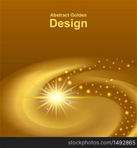 Gold glowing space abstract design. Dynamic spiral shape swirl, light shine effect and glitter sparkles. Abstract technology background, vector illustration