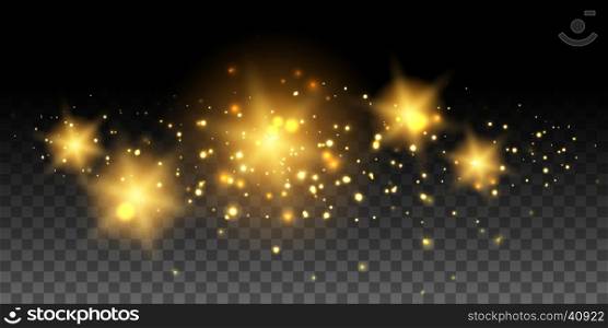 Gold glowing stars and effects. Gold glowing stars and effects on dark. Vector illustration