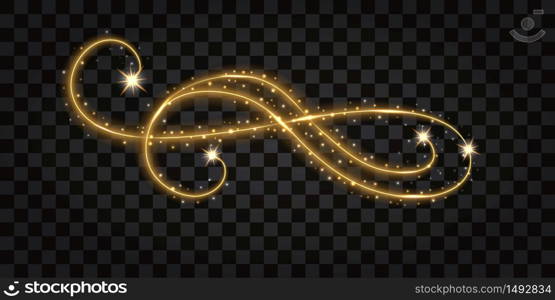 Gold glowing wave. Decorative flourish for your design. Light shine effect, golden swirl, glittering sparkles snd stars. Vector illustration