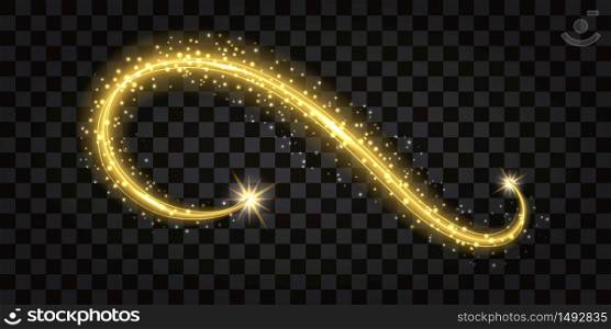 Gold glowing wave. Decorative flourish for your design. Light shine effect, golden swirl, glittering sparkles snd stars. Vector illustration