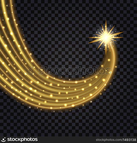 Gold glowing wave. Light flash effect and swirl trail with glittering sparkles. Vector illustration