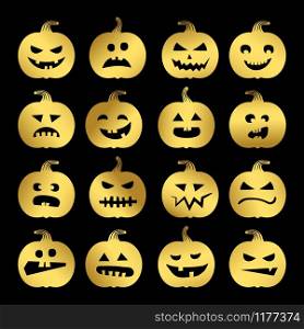 Gold Halloween pumpkins vector set on black background. Gold Halloween pumpkins set