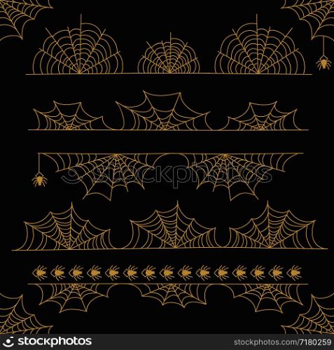 Gold Halloween vector frame border and dividers with spider web isolated on black background illustration. Gold Halloween vector frame border and dividers