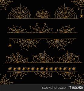 Gold Halloween vector frame border and dividers with spider web isolated on black background illustration. Gold Halloween vector frame border and dividers
