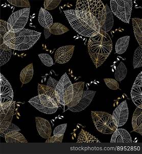 Gold hand drawn fall leaves seamless pattern vector image