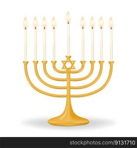Gold Hanukkiah with nine candles on a clean white background. Ganukkah menorah for nine candles. Perfect for your holiday designs. Vector illustration.. Gold Hanukkiah with nine candles on a white. 