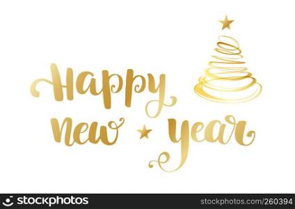 Gold Happy New Year brush lettering text and spiral abstract golden christmas fir tree on white background. Gold Happy New Year brush lettering text on white background