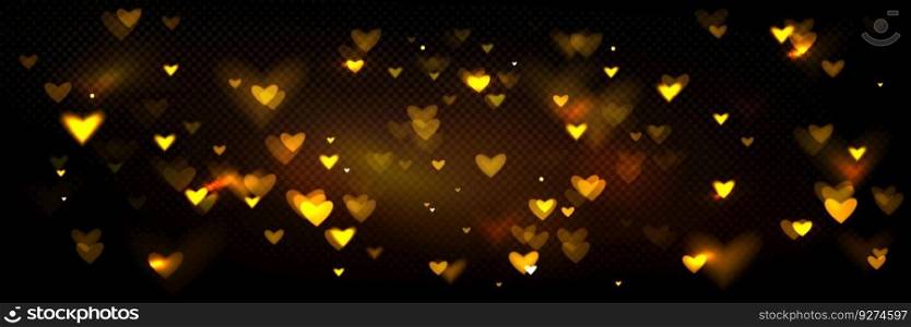 Gold heart bokeh glitter spark effect illustration. Abstract defocused golden love overlay with glow. Horizontal beautiful blurry layout isolated on transparent background. Festive confetti shimmer. Gold heart bokeh glitter spark effect background