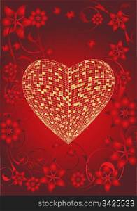 gold heart with red Floral valentine background, vector illustration