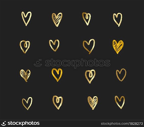 Gold Hearts. Hand drawn hearts brushes. Hand painted heart shape. Symbol of love Valentine&rsquo;s Day wedding cards. Vector illustration