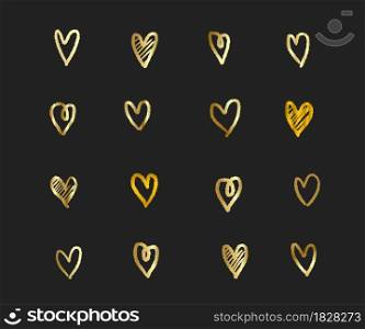 Gold Hearts. Hand drawn hearts brushes. Hand painted heart shape. Symbol of love Valentine&rsquo;s Day wedding cards. Vector illustration