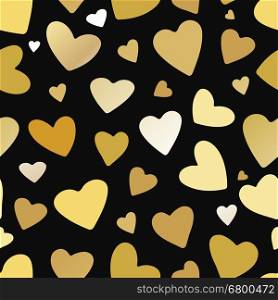 Gold hearts seamless pattern on black background. Design for greeting card, Valentines day brochure or flyer . Vector illustration.