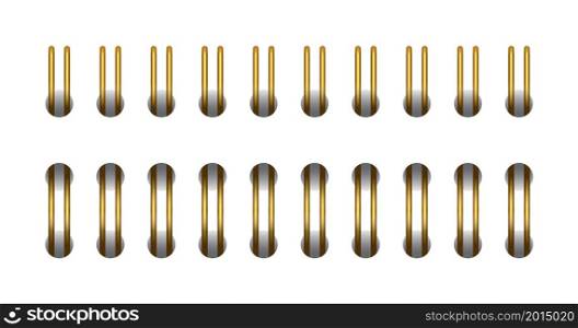 Gold horizontal spiral for open notebook and calendar. Gold spiral wire bindings for sheets of paper. Set vector illustration isolated on realistic style on white background.. Gold horizontal spiral for open notebook and calendar. Gold spiral wire bindings for sheets of paper. Set vector illustration isolated on realistic style on white background