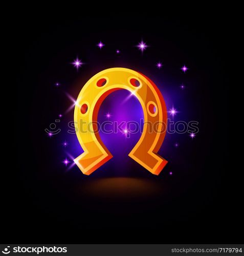 Gold horseshoe with sparkles, symbol of luck, fortune, slot icon on dark purple background, casino concept, vector illustration. Gold horseshoe with sparkles, symbol of luck, fortune, slot icon on dark purple background, casino concept, vector illustration.