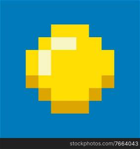 Gold icon in pixel game isolated on blue. Vector digital money to play in 8 bit or 16 bit gaming, symbol of richness and wealth, golden currency. Gold Icon in Pixel Game Isolated. Vector Money